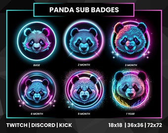 Neon Panda Twitch Sub Badges | 6 Tier Bit Badges for Stream | Glow Panda Subscriber Badges for Twitch Discord Kick
