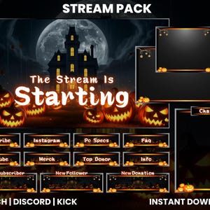 Może przedstawiać: Pakiet streamowania w stylu Halloween z nawiedzonym domem, pełnią księżyca i dyniami. Zawiera nakładki na czat, alerty i media społecznościowe z tekstem "The Stream Is Starting".