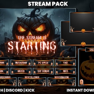 May include: A digital Halloween-themed stream pack with a spooky pumpkin design. The pack includes overlays, panels, and a starting screen with the text "The Stream Is Starting." Buttons for social media and other stream features are also included.