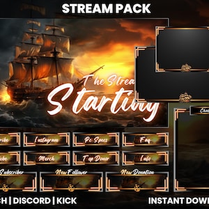 May include: A digital download pack for Twitch, Discord, and Kick streamers. The pack features a dark background with a ship sailing into a sunset. The text "The Stream Starting" is written in a large, stylized font. The pack includes a variety of overlays, panels, and alerts.