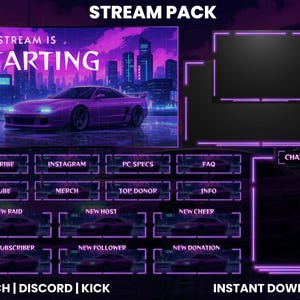 May include: A digital stream pack with a purple car graphic and neon accents. The main graphic says "The Stream Is Starting". Includes buttons for Subscribe, Instagram, YouTube, Merch, and more. The pack is designed for Twitch, Discord, and Kick.