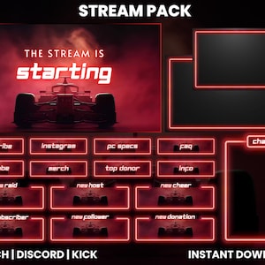 Könnte beinhalten: Ein digitales Stream-Paket in Rot und Schwarz. Das Hauptmotiv zeigt ein Rennwagen und den Text "The Stream Is Starting". Enthält Schaltflächen für verschiedene Stream-Funktionen. Text unten: "Twitch | Discord | Kick".