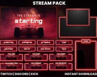 Formula 1 Racing Twitch Overlay Pack: Neon Red Stream Graphics