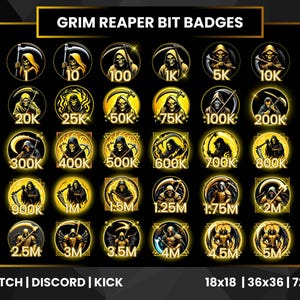 Grim Reaper Twitch Bit Badges | Dark Streamer Badges for Twitch Discord Kick | Gamer Horror Skulls Streaming Sub Badge Pack