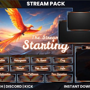 Könnte beinhalten: Ein digitales Stream-Paket mit einer Illustration eines Phönix. Das Paket enthält Overlay-Bildschirme, Chat-Boxen und Schaltflächen für Abonnenten, Instagram und mehr. Der Text enthält "The Stream Starting" und "Instant Download".