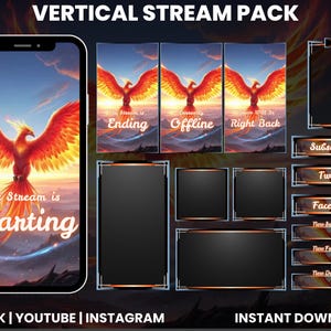 Puede incluir: Un paquete de transmisión digital con un diseño de fénix. El paquete incluye una pantalla de teléfono con el texto "The Stream is Starting", paneles para "Ending", "Offline" y "Right Back", y botones de redes sociales. El paquete es para TikTok, YouTube e Instagram.