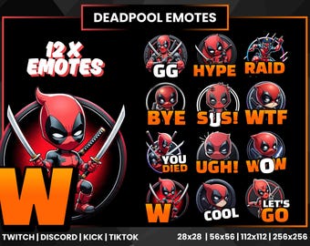 12 emoticonos de Twitch / Emoticonos de Deadpool / Insignias de Twitch / Emoticonos de Kid Pool / Emoticonos adorables / Emoticonos de Discord / YouTube / TikTok / Emoticonos chibi