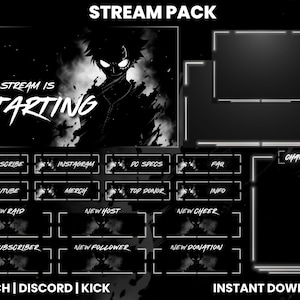 May include: A black and white stream pack design with the text "STREAM PACK" at the top. The design includes a central graphic of a character, and various overlay elements for streaming platforms. Text includes "The Stream Is Starting", and social media icons.