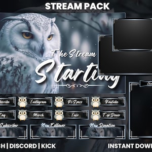 May include: A stream pack with a black and white owl design. The pack includes a starting screen, chat window, and various panels for social media, donations, and other information. The text "The Stream Starting" is displayed on the starting screen. The text "TWITCH | DISCORD | KICK" is displayed at the bottom of the image. The text "INSTANT DOWNLOAD" is displayed at the bottom right of the image.