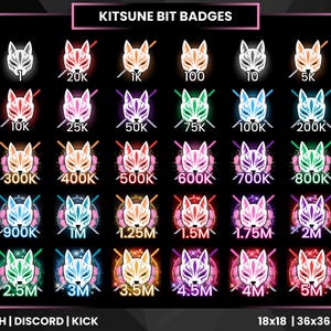 May include: A set of 18 colorful digital badges featuring a stylized fox mask with different bit amounts, ranging from 1 to 5 million. The badges are labeled with the text "KITSUNE BIT BADGES" at the top and "TWITCH | DISCORD | KICK" at the bottom.