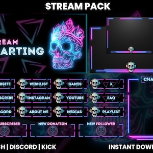 Op de afbeelding: Een Twitch-streampakket in neonroze en -blauw met een schedelgrafiek en tekst die zegt "STREAM STARTING" en "INSTANT DOWNLOAD".
