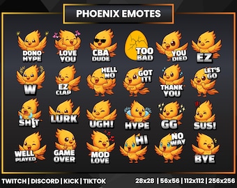 24 Cute Phoenix Bird Emotes for Twitch Discord Kick YouTube | Fire Bird Chat Emote Pack PNG