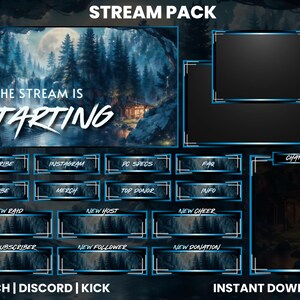 May include: A blue and white Twitch stream pack with a dark forest background. The text "STREAM PACK" is at the top of the image. The text "THE STREAM IS STARTING" is in the center of the image. The image includes a variety of panels for different stream elements, such as chat, subscribe, new raid, new host, new cheer, new subscriber, new follower, new donation, and more. The text "TWITCH | DISCORD | KICK" is at the bottom of the image. The text "INSTANT DOWNLOAD" is at the bottom right of the image.