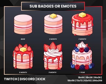 Strawberry Cake Sub Badges or Emotes for Twitch Kick Discord YouTube TikTok | Cute Dessert Bit Badge Pack | Streaming Icons