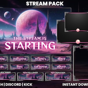 May include: A pink and black Twitch stream overlay pack with a space-themed background. The text "STREAM PACK" is at the top of the image. The text "THE STREAM IS STARTING" is in the center of the image. The overlay includes sections for chat, new subscriber, new follower, new donation, subscribe, Instagram, PC specs, merch, YouTube, info, and top donor.