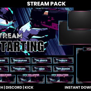 May include: A black and blue Twitch stream starting screen featuring a character from the Sonic the Hedgehog video game series. The screen includes a chat box, a section for new subscribers, and a section for new followers. The text "STREAM STARTING" is displayed in large, bold letters.