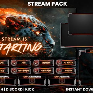 Könnte beinhalten: Ein Stream-Paket mit einem feurigen Leoparden-Design. Das Paket enthält verschiedene Overlays, Panels und Benachrichtigungen für Twitch, Discord und Kick. Der Text "THE STREAM IS STARTING" wird auf dem Haupt-Overlay angezeigt. Das Paket steht zum sofortigen Download bereit.