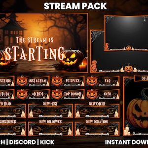 Op de afbeelding: Een Halloween-thema stream pack met een spookachtig ontwerp. Het pack bevat overlays met pompoenen, spinnenwebben en kaarsen. De tekst "The Stream Is Starting" wordt prominent weergegeven. Inclusief Twitch, Discord en Kick graphics.