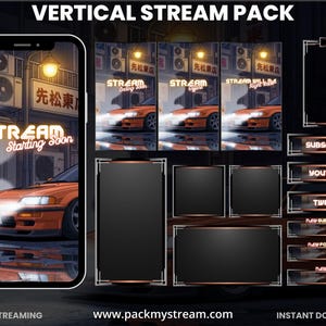 May include: A vertical stream pack design featuring a cityscape with an orange car. The pack includes a phone screen with "STREAM Starting Soon" text, overlay elements, and social media buttons. The design has a dark, urban aesthetic.