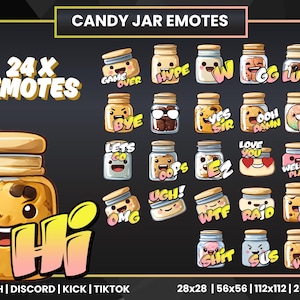 Op de afbeelding: Een digitale afbeelding met 24 snoeppot-emotes met verschillende uitdrukkingen en tekst. De afbeelding bevat de woorden "CANDY JAR EMOTES" en "24 X EMOTES". De onderkant van de afbeelding bevat de tekst "TWITCH | DISCORD | KICK | TIKTOK".