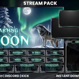 Peut inclure: Pack de stream numérique sur le thème de l'hiver. Le design présente un loup debout dans un paysage enneigé sous une aurore boréale et une pleine lune. Comprend des écrans de superposition et des boutons avec du texte comme "Starting Soon", "Subscribe" et "Chat".