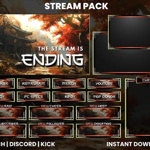May include: A digital stream pack with a Japanese-inspired background featuring a temple and autumn foliage. Includes overlay elements for Twitch, Discord, and Kick, with buttons for various functions. Text reads "The Stream Is Ending."