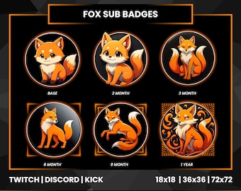 Fox Sub Badges for Twitch | Cute Fox Stream Badges | Discord & Kick Loyalty Badges | 6 Tier Animal Sub Badge Pack