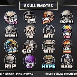 Könnte beinhalten: Eine Sammlung von Schädel-Emotes mit verschiedenen Ausdrücken und Texten, darunter "CLIP IT!", "YOU DIED", "DOG SHIT", "OOPS!", "SUS!", "THANK YOU", "WTF", "LOVE YOU", "PLS BRO", "GG", "GAME OVER", "RIP", "LET'S GO", "HYPE" und "RAID".