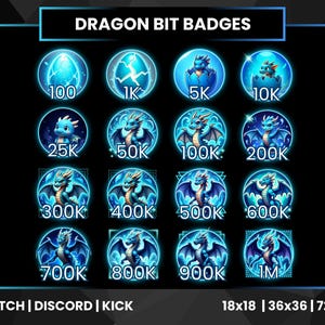 May include: A collection of blue dragon-themed badges for Twitch, Discord, and Kick. The badges feature various dragon illustrations with numbers like 100, 1K, 5K, 10K, 25K, 50K, 100K, 200K, 300K, 400K, 500K, 600K, 700K, 800K, 900K, and 1M.