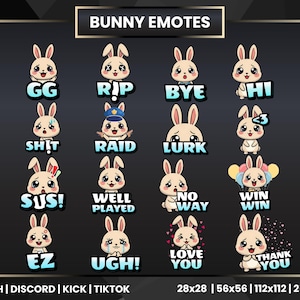 Bunny Emotes Pack for Twitch, Discord, Kick, TikTok & YouTube – 16 Kawaii Stream Emotes Pack