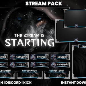 Könnte beinhalten: Ein schwarzes und blaues Twitch-Stream-Paket mit einem Wolf-Design. Das Paket enthält einen Startbildschirm, eine Chatbox, einen Abonnement-Button und mehr. Der Text "STREAM PACK" befindet sich oben im Bild. Der Text "THE STREAM IS STARTING" befindet sich in der Mitte des Bildes. Der Text "TWITCH | DISCORD | KICK" befindet sich unten im Bild. Der Text "INSTANT DOWNLOAD" befindet sich unten rechts im Bild.