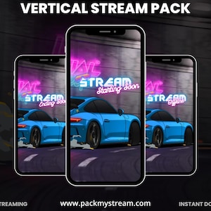 Può includere: Tre smartphone che mostrano una grafica di auto sportiva blu con la scritta "STREAM" in stile neon. I telefoni sono disposti in fila, con la scritta "VERTICAL STREAM PACK" in alto. La parte inferiore dell'immagine recita "MOBILE STREAMING" e "INSTANT DOWNLOAD".
