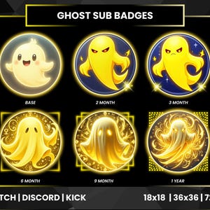 Könnte beinhalten: Ein Satz von sechs Geister-Sub-Badges für Twitch, Discord und Kick. Die Badges zeigen verschiedene gelbe Geisterdesigns mit unterschiedlichen Ausdrücken und Hintergründen, einschließlich Text, der die Abonnementdauer angibt. Die Größen sind 18x18, 36x36 und 72x72 Pixel.