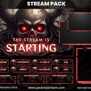 May include: A digital stream pack with a dark, gothic theme. The central image features a skull with glowing red eyes and the text "THE STREAM IS STARTING." Includes various overlay elements, such as chat boxes and social media icons. The website address is visible.