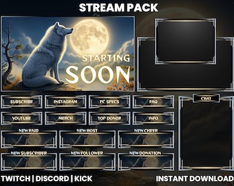 White Wolf Moon Stream Pack | Fantasy Twitch Overlay Bundle | Panels & Alerts | OBS, Kick, YouTube | Starting Soon Screen | Instant Download