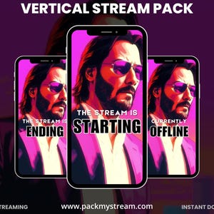 Peut inclure: Image de trois smartphones affichant un portrait stylisé avec du texte. Les écrans indiquent "The Stream is Ending", "The Stream is Starting" et "Currently Offline". Le visuel comprend également "Vertical Stream Pack", "Mobile Streaming" et une adresse web.
