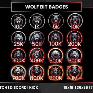 Può includere: Una collezione di badge bit a tema lupo per Twitch, Discord e Kick. Ogni badge presenta una testa di lupo dettagliata con occhi rossi luminosi, racchiusa in una cornice circolare o quadrata con numeri che indicano le quantità di bit, come 100, 1K e 1M.