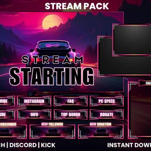 Puede incluir: Una superposición de transmisión de Twitch de color rosa neón y negro con un automóvil retro conduciendo por una carretera. La superposición incluye un cuadro de chat, un gran título "STREAM STARTING" y varios botones para redes sociales, donaciones y otra información.