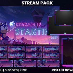 Peut inclure: Un pack de stream numérique sur le thème de Sonic le Hérisson. Il comprend un arrière-plan avec Sonic, des cadres de superposition et des boutons pour Twitch, Discord et Kick. Le texte "STREAM IS STARTING" est affiché en néon.