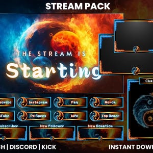 Op de afbeelding: Een streampakket met een yin yang symbool ontwerp. Het pakket bevat een startscherm, een chatbox en verschillende knoppen om te abonneren, te volgen, te doneren en meer. De tekst "STREAM PACK" en "INSTANT DOWNLOAD" is zichtbaar bovenaan en onderaan de afbeelding.