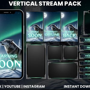 May include: A digital stream pack with a wolf illustration set against a snowy landscape and aurora borealis. Includes overlay elements for chat, subscribe, and social media platforms. Text includes "Starting Soon", "Ending Soon", and "Instant Download".