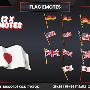 May include: An image displaying 12 flag emotes, including the flags of Germany, the United States, the United Kingdom, and Japan. The flags are on poles, some with lights. Text at the top reads "FLAG EMOTES" and "12 X EMOTES".