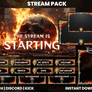 Animated Twitch Stream Pack | Twitch Screen Overlay | Animated Screens | Twitch Alerts | Burning Skull | Fire Overlay | Twitch Panels
