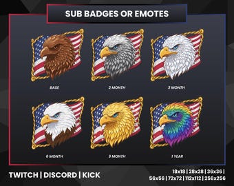 Eagle Sub Badges for Twitch Discord Kick | Patriotic Eagle Subscriber Badges | USA Stream Emotes & Bit Badges