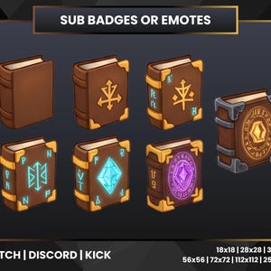 Op de afbeelding: Illustraties van bruine boeken met gouden details en oplichtende symbolen. De afbeelding bevat de tekst "SUB BADGES OR EMOTES" en "TWITCH | DISCORD | KICK", plus afmetingen in pixels, zoals 18x18, 28x28 en 36x36.