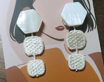 Ivory beaded earrings, cream colored earrings, ivory lace earrings, Embroidery earrings, abalone shell earrings