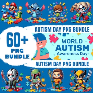 60+ Movies & Cartoon Characters in Autism Awareness PNG Bundle, Puzzle Ribbon PNG, Autism Awareness Shirt PNG, Sublimation Digital File