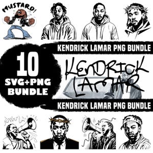 May include: A digital download bundle of 10 black and white illustrations of rapper Kendrick Lamar. The illustrations feature different poses and expressions of Kendrick Lamar, including a portrait with a crown of thorns, a portrait with a microphone, and a portrait with a mustard bottle. The text "Kendrick Lamar PNG Bundle" appears twice in the image.