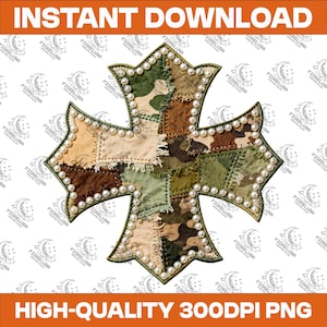 Camo Patchwork Cross PNG, Pearl Border Western Sublimation, Faith Cross Shirt Design, Christian Camouflage Graphic, Rugged Shabby Chic Art