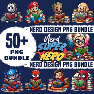 50+ Movies & Cartoon Characters Book Nerd PNG Bundle, Book Lover PNG, Nerd Design Shirt PNG, Digital Files for Sublimation
